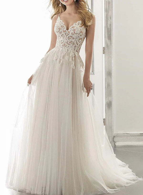 Luolandi Boho A-Line Sweetheart Sleeveless Tulle Wedding Dresses With Appliques Lace Floor Length