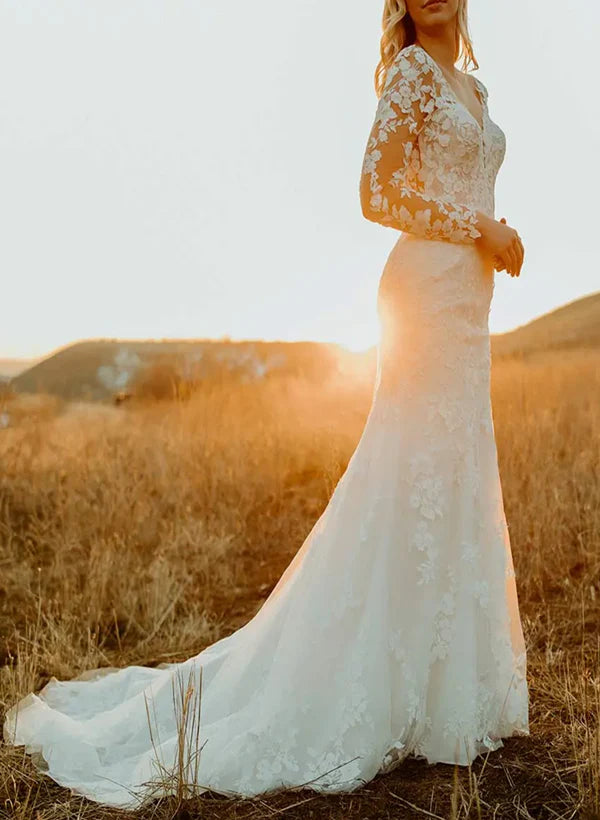 Luolandi Trumpet/Mermaid V-Neck Long Sleeves Tulle Lace Sweep Train Wedding Dress With Appliques Lace Elegant