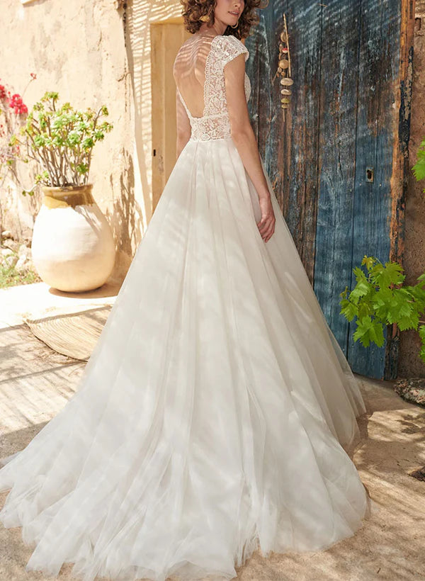 Luolandi Boho A-Line V-Neck Open Back Short Sleeves Lace Tulle Wedding Dress Floor Length Elegant