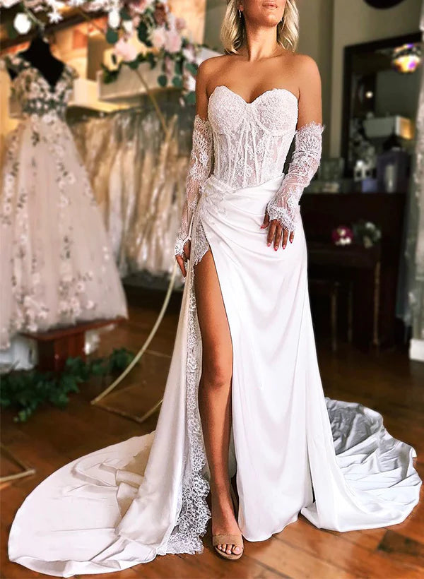 Luolandi Sweetheart Satin Wedding Dresses With Split Front Off Shoulder With Sleeves Sexy