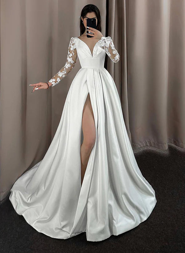 Luolandi A-Line V-Neck Long Sleeves Lace/Satin Wedding Dresses With Split Front Elegant Bridal Gown