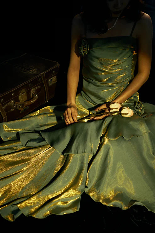 Luolandi Green Spaghetti Straps Ruffle Vintage Long Prom Dress Maxi Dress Charming Evening Party Dress