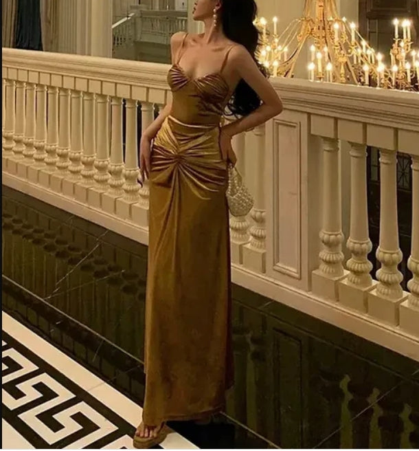 Luolandi French Gold Velvet Slip Mermaid Prom Dress Long Evening Dress Charming Party Dress