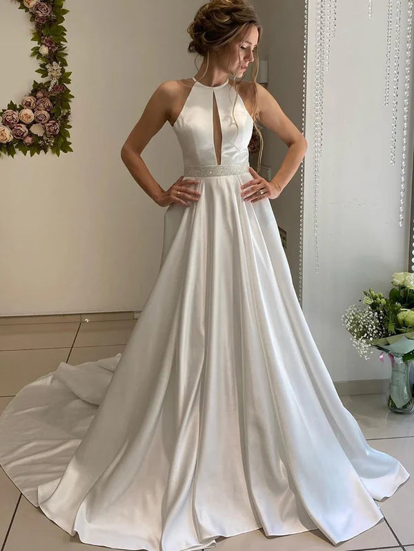 Luolandi Halter Neckline Backless A-line Wedding Dresses with Long Satin Elegant Bridal Gown