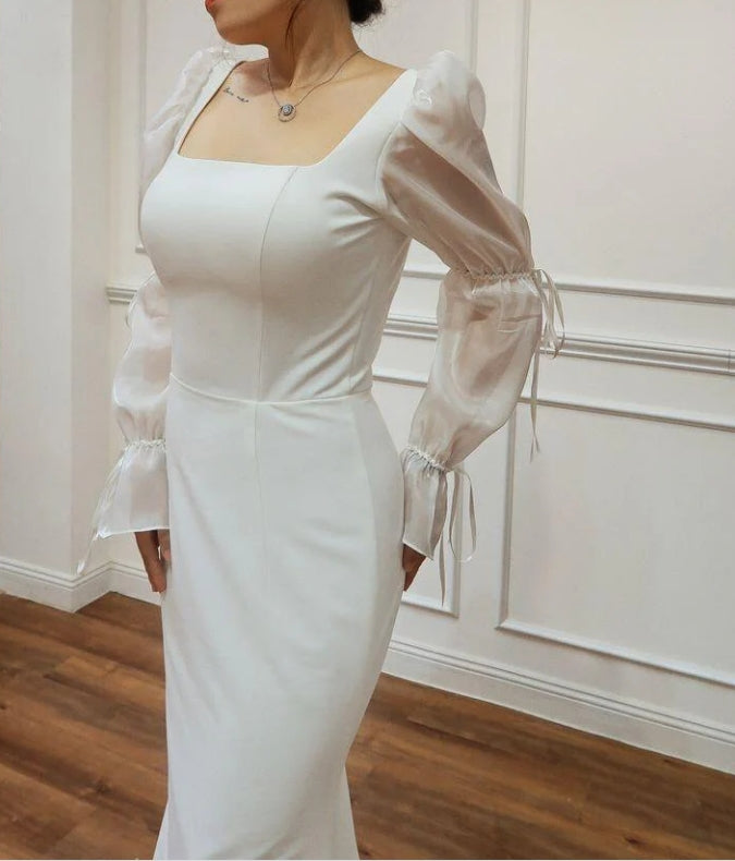 Luolandi Square Neck Long Sleeves Mermaid Long Prom Dress Light Wedding Dress Elegant