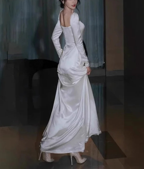 Luolandi Long Sleeves Satin Long Party Dress Wedding Dress Elegant Evening Dress Formal Dress