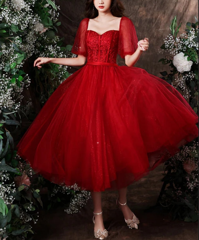 Luolandi Cute Wine Red Tulle with Lace Tea Length Formal Dress Evening Dresses Prom Dress