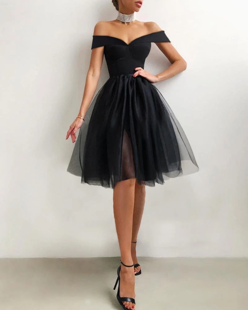 Luolandi Elegant Off Shoulder Binding Layered Mesh Cocktail Dress Sexy Party Dress Homecoming Dress
