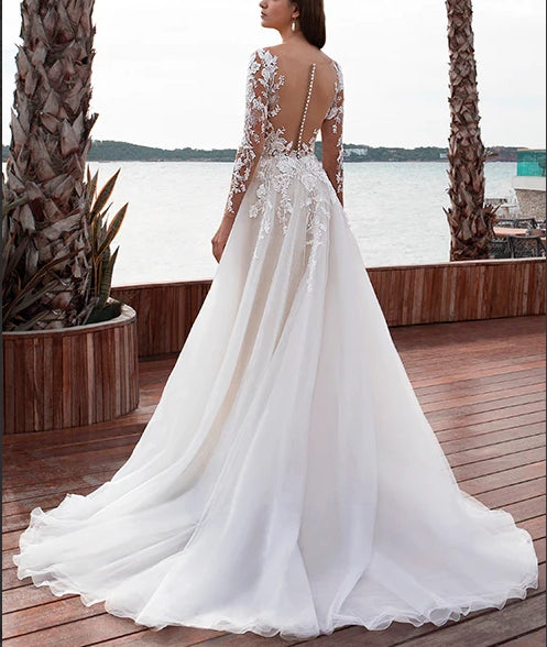 Luolandi Boho Lace Long Sleeves Wedding Dresses With Ball-Gown Floor Length Elegant