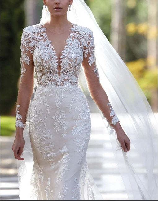 Luolandi Ivory Wedding Dress V Neck Mermaid Appliques Long Sleeve Bridal Dress Floor Length