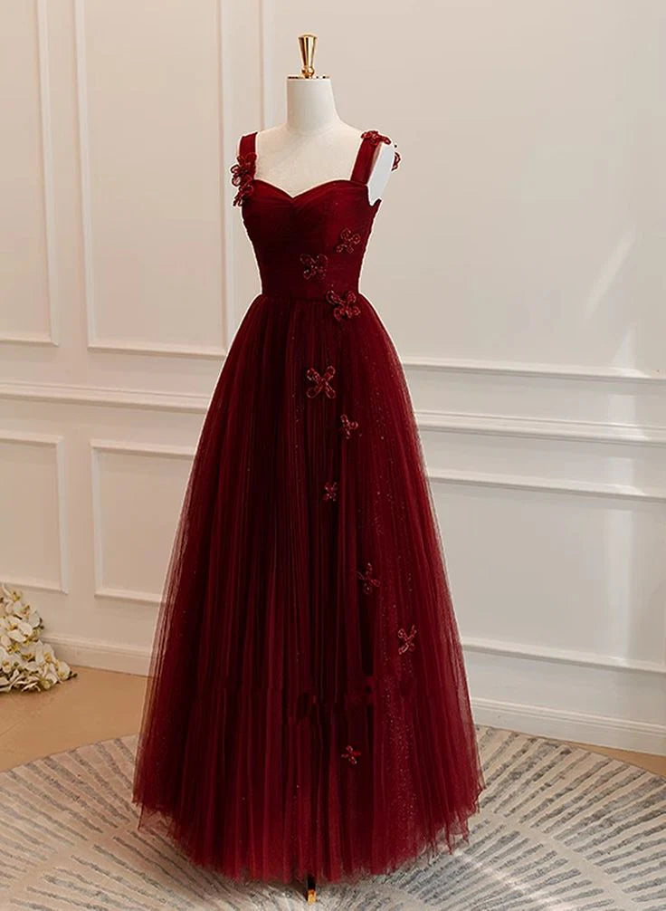 Luolandi Wine Red Straps A-Line Tulle Long Party Dress Formal Evening Dress Prom Dress