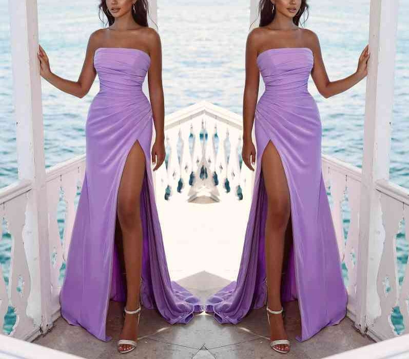 Luolandi Charming Purple Long Evening Dress Strapless Sleeveless Slit Pleated Off Shoulder Party Dress