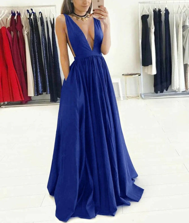 Luolandi Exquisite Deep-v A-line Prom Dresses Satin Sweep Train Gowns Sexy Evening Party Dress Party Dress