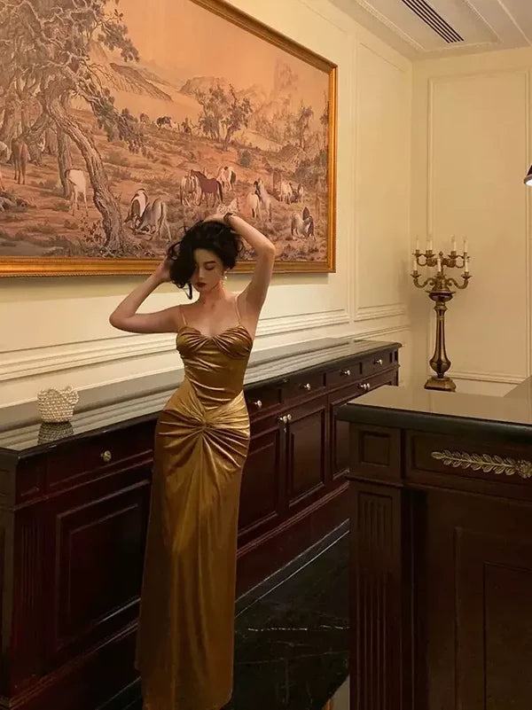 Luolandi French Gold Velvet Slip Mermaid Prom Dress Long Evening Dress Charming Party Dress