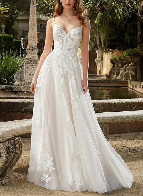 Luolandi Tulle V-Neck Spaghetti Straps Wedding Dress Sleeveless Floor Length with Appliques