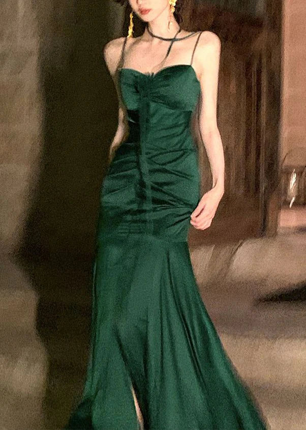 Luolandi Green Spaghetti Straps Mermaid Satin Long Party Dress Elegant Evening Dress