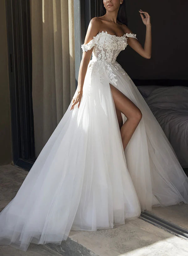 Luolandi Off-The-Shoulder Lace/Tulle Wedding Dress With Split Front Floor Length Elegant