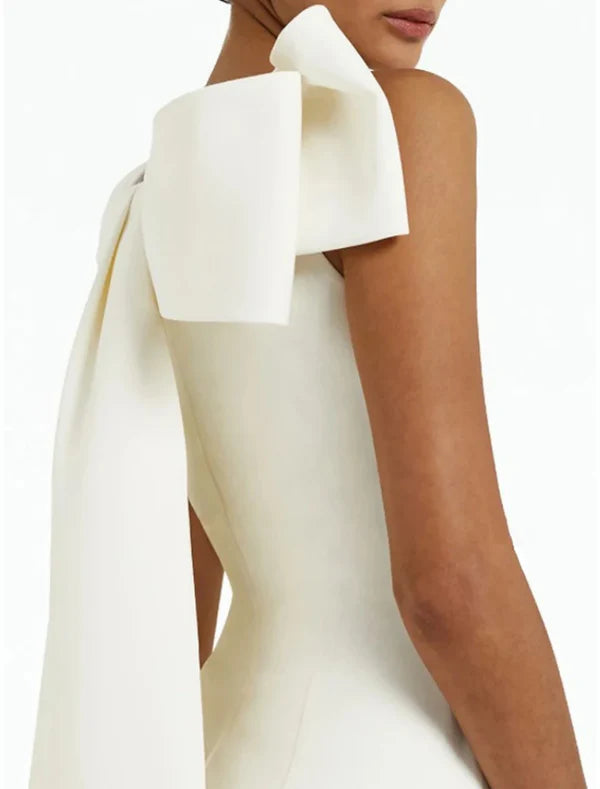 Luolandi Sheath Evening Dress Wedding Guest Elegant Dress Formal Sweep / Brush Train Sleeveless Jewel Neck Fabric with Bow(s) Solid Color