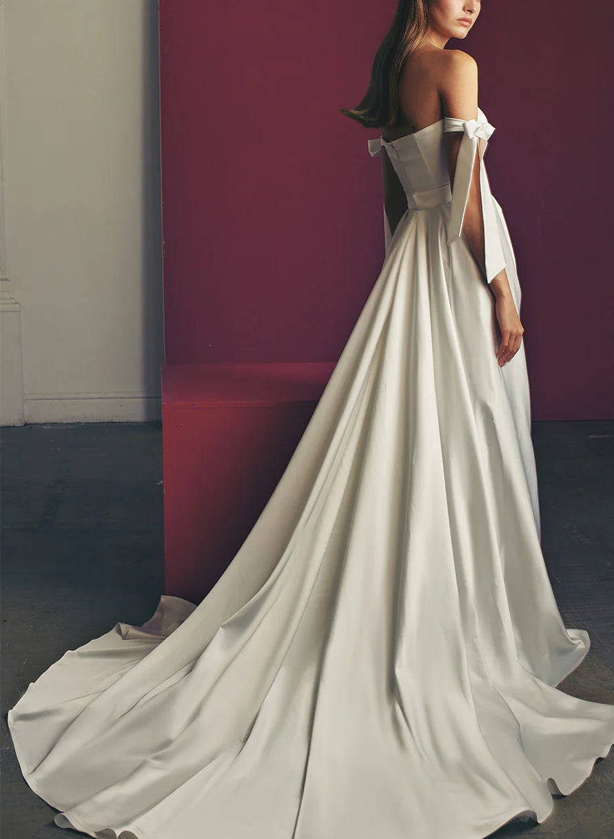 Luolandi Modern Satin Off The Shoulder A Line Wedding Dress Floor Length Simple With Slit