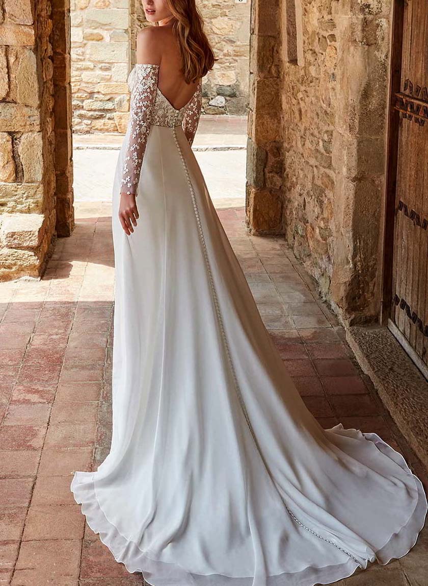 Luolandi Off-The-Shoulder A-Line Wedding Dresses With Lace Long Sleeves Floor Length Elegant