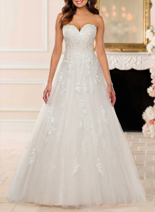 Luolandi A-Line Strapless Sleeveless Tulle Lace Court Train Wedding Dresses With Appliques Lace Off Shoulder