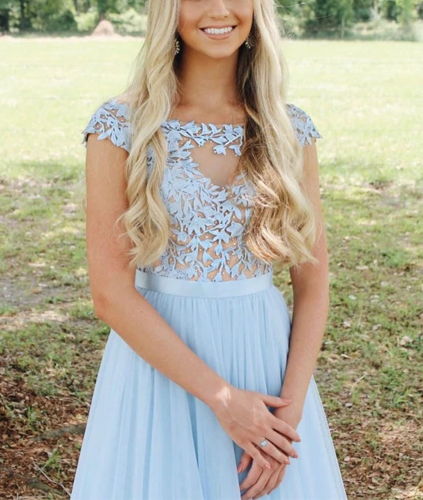 Luolandi Illusion Bateau A-line Prom Dresses Tulle Appliqued Gowns Beautiful Evening Dress Formal Dress