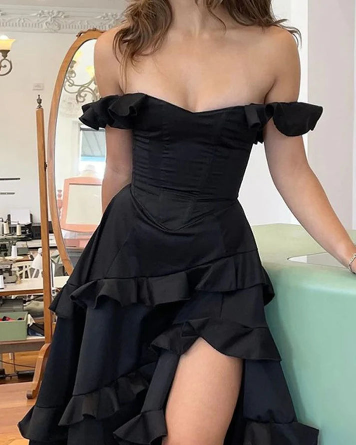 Luolandi Black Off Shoulder A-Line Ruffle Long Prom Dress with Slit Elegant Evening Dress Party Dress