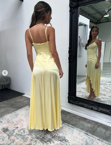 Luolandi Yellow V Neck Spaghetti Straps Prom Dress Wedding Guest Dress Sexy Party Dress