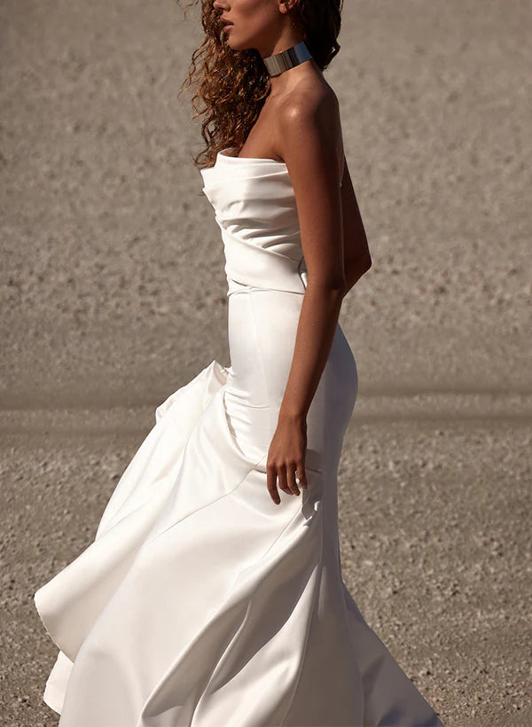Luolandi Strapless Trumpet Mermaid Satin Wedding Dresses With Court Train Off Shoulder Simple Solid Color