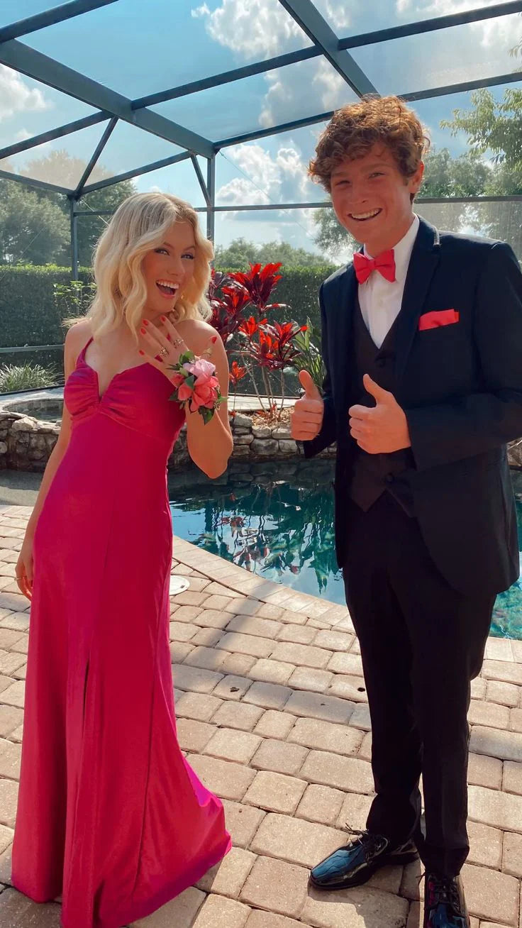 Luolandi Hot Pink Spaghetti Straps Long Prom Dress Sleeveless Sexy Party Dress Solid Color