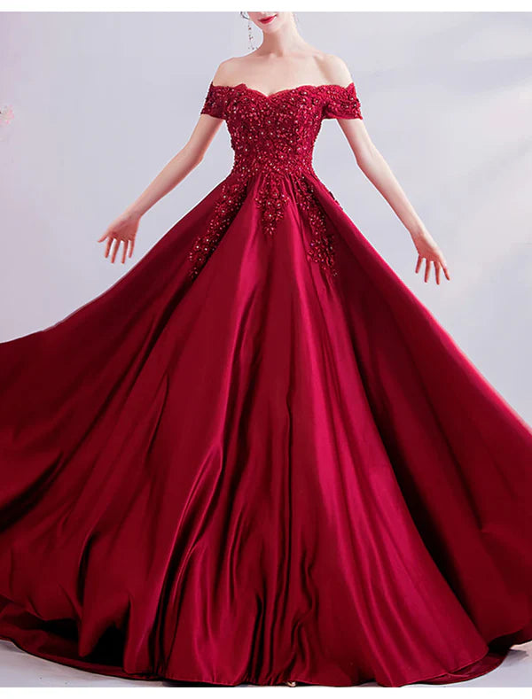 Luolandi A-Line Sexy Engagement Formal Evening Dress Off Shoulder Short Sleeve Sweep / Brush Train Lace with Pleats Beading Prom Dress