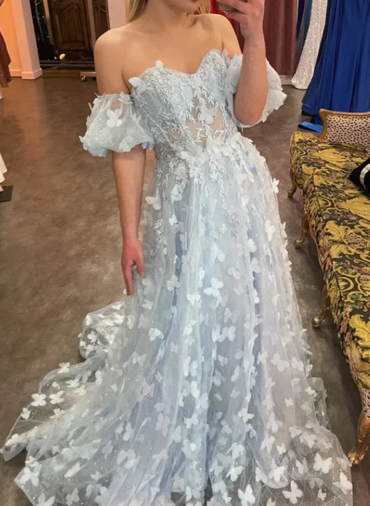 Luolandi Light Blue Sweetheart A-line Butterfly Tulle Long Prom Dress with Sleeves Off Shoulder