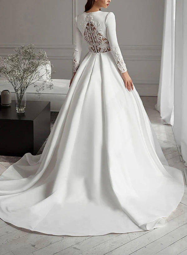 Luolandi A-Line Scoop Neck Long Sleeves Sweep Train Satin Wedding Dresses Floor Length Elegant