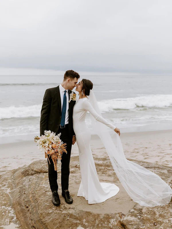 Luolandi Simple Longsleeves Backless Satin Wedding Dresses Mermaid Bridal Gowns Elegant