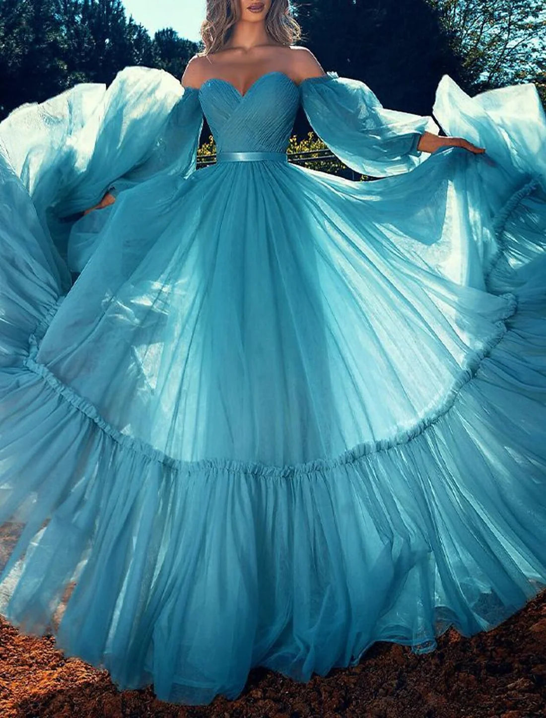 Luolandi A-Line Prom Dresses Tiered Plisse Dress Quinceanera Formal Evening Floor Length Long Sleeve Off Shoulder Chiffon with Tiered Beautiful