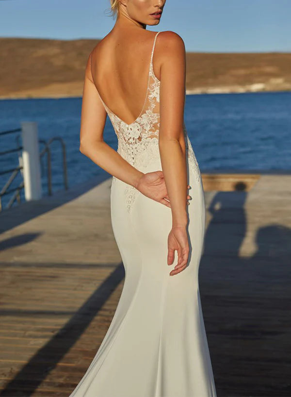 Luolandi Elegant Trumpet Mermaid Cowl Neck Lace Satin Wedding Dresses Sleeveless Floor Length