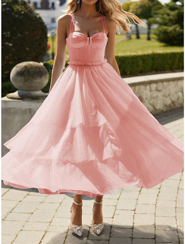 Luolandi Women's Party Dress Cocktail Dress Wedding Guest Dress Midi Dress Pink Light Blue Sleeveless Pure Color Mesh Spring Fall Winter Spaghetti Strap Fashion Wedding Guest Birthday