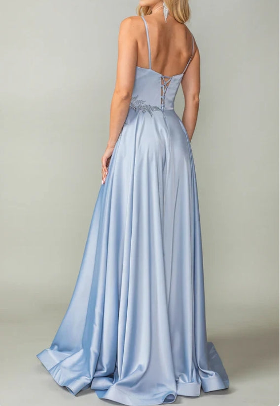 Luolandi Lace-Up-Back Long A-Line Prom Dress With Slit V-neck Evening Dress