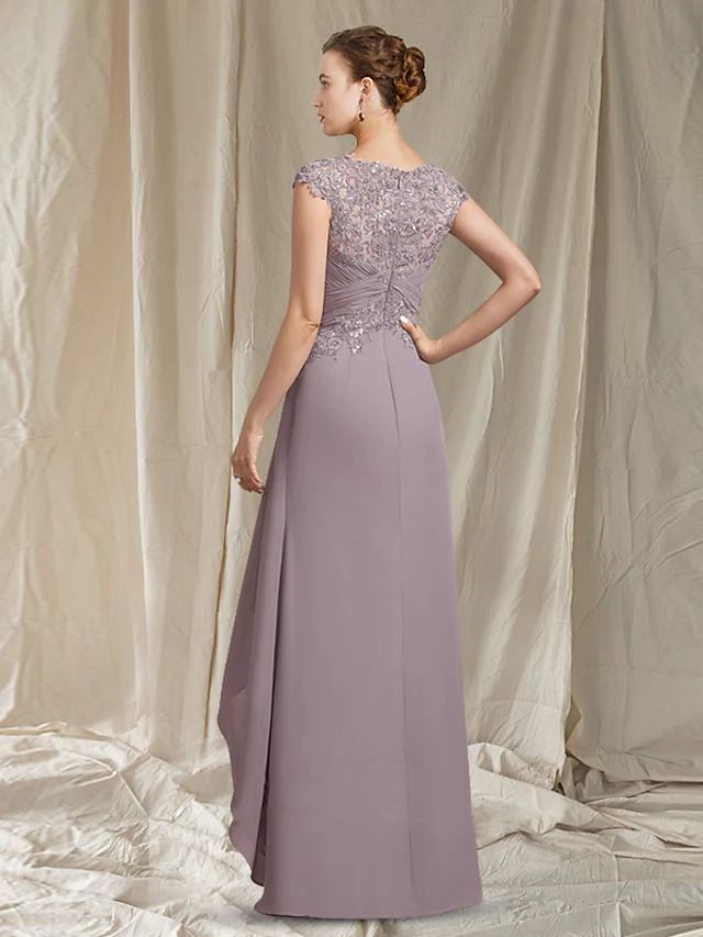 Luolandi A-Line Mother of the Bride Dress Elegant Jewel Neck Asymmetrical Floor Length Chiffon Lace Short Sleeve
