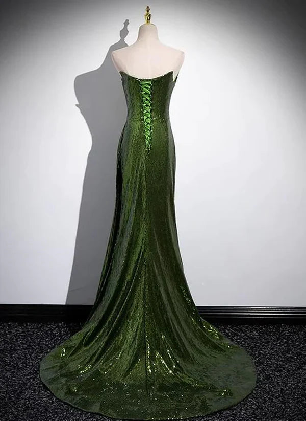 Luolandi Green Sequins Long Mermaid Prom Dress Green Lace-up Party Dress with Slit Sparkly Evening Dress