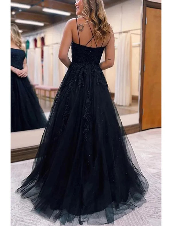 Luolandi Ball Gown Prom Dresses Princess Dress Formal Wedding Party Sweep / Brush Train Sleeveless Spaghetti Strap Tulle with Pleats Appliques Black
