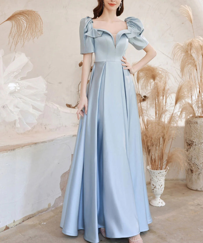 Luolandi A-Line Square Neckline Satin Blue Long Prom Dress Formal Evening Dress december wedding guest dress