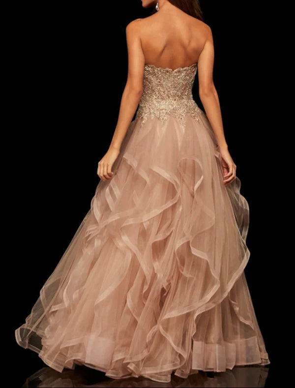 Luolandi A-Line Party Dress Elegant Vintage Engagement Formal Evening Dress Strapless Sleeveless Floor Length Tulle with Tier Embroidery Prom Dress