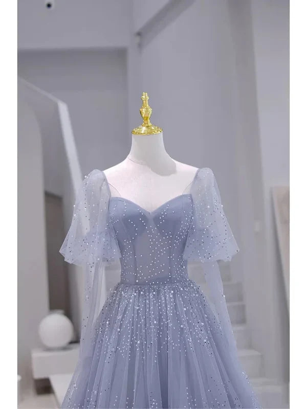 Luolandi Sparkling Blue Short Sleeves Tulle Long Sweetheart Party Dress A-line Blue Prom Dress Elegant
