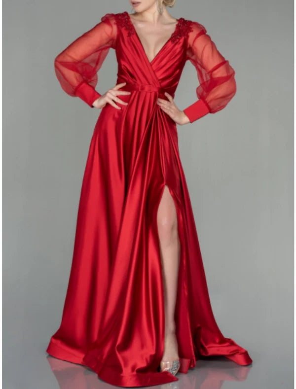 Luolandi A-Line Evening Gown Elegant Dress Formal Fall Floor Length Long Sleeve V Neck Satin with Pleats Slit Shouder Flower