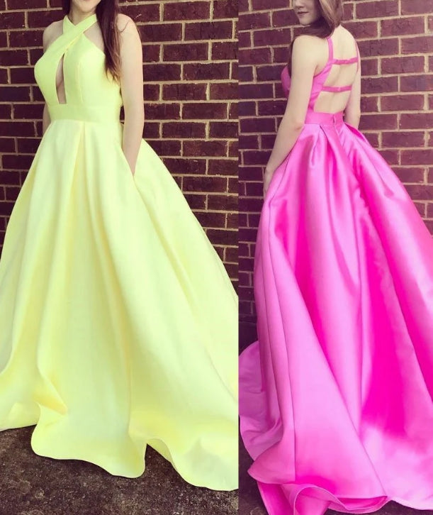 Luolandi Alluring Satin Halter Neckline Sweep Train A-line Prom Dress Elegant Evening Dress