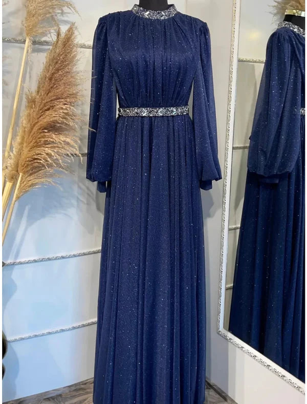 Luolandi A-Line Evening Gown Elegant Dress Formal Floor Length Long Sleeve Jewel Neck Lurex Fabric with Rhinestone Pleats Mother of the Bride Dress