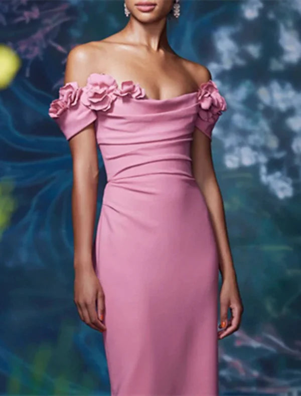 Luolandi Mermaid / Trumpet Evening Gown Floral Dress Formal Wedding Guest Sweep / Brush Train Short Sleeve Off Shoulder Satin Backless with Ruched