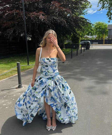 Luolandi Blue Printed A-Line Strapless Long Prom Dress Off Shoulder Evening Dress Formal Dress