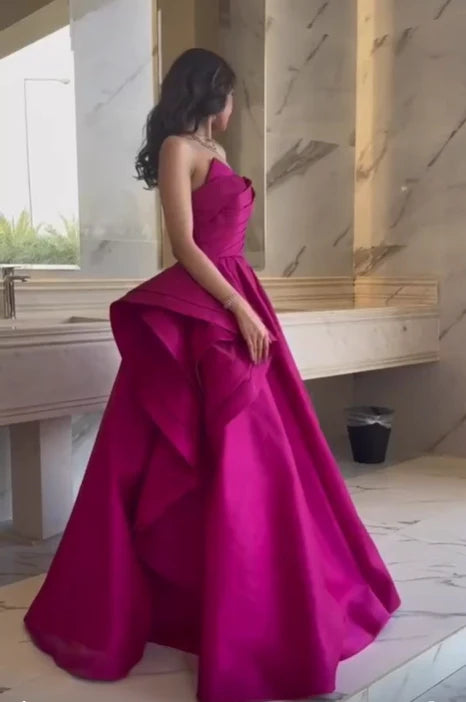 Luolandi Fuchsia A-Line Strapless Long Prom Dress Evening Party Dress Off Shoulder Elegant